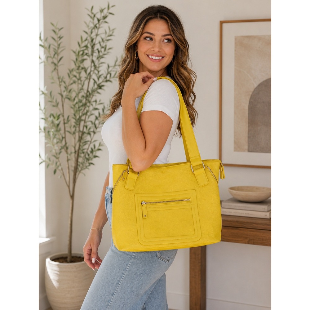 Sondra Roberts Yellow Pebbled Faux Leather Tote Shoulder Bag Zip Pockets